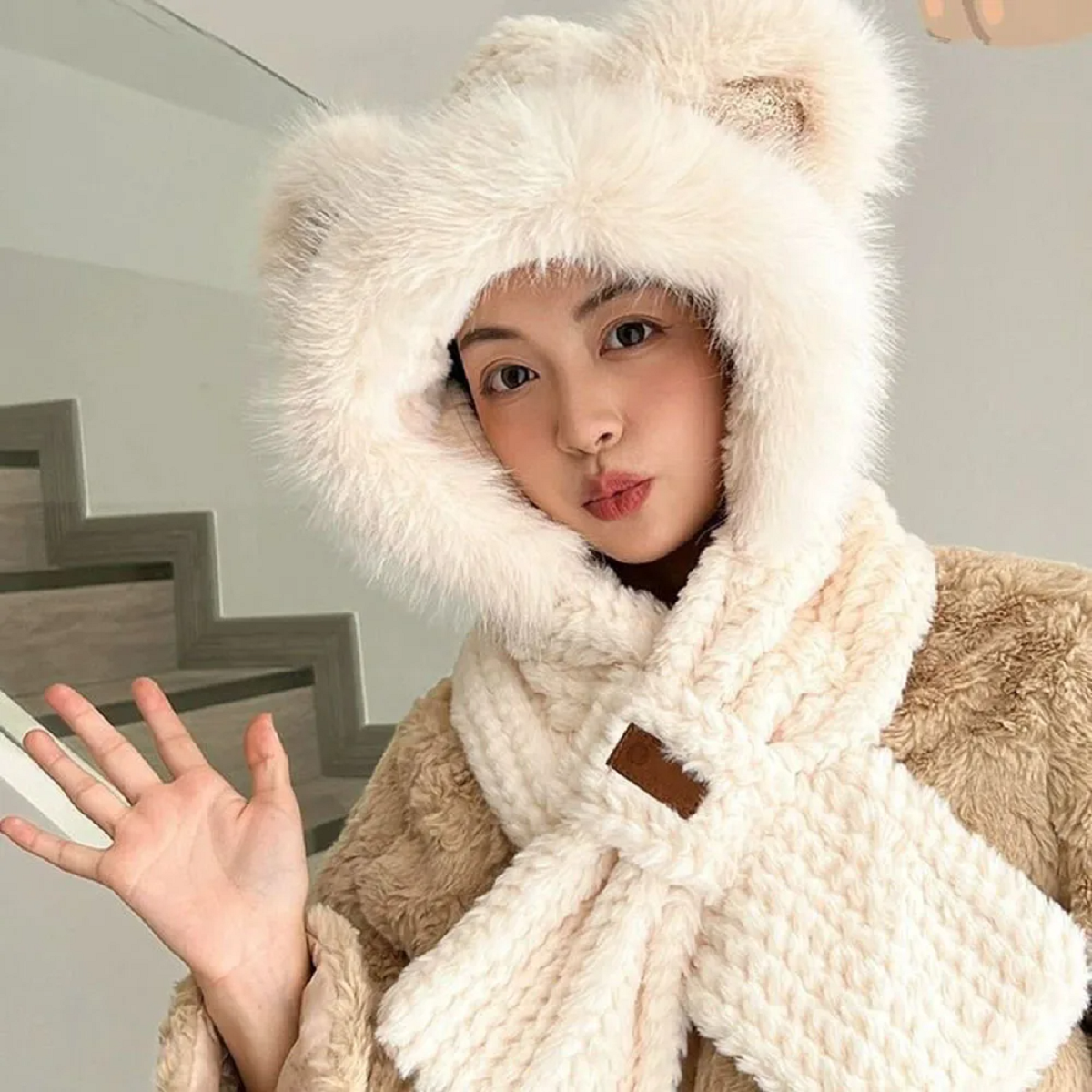 Knitted Fleece Cross Scarves Ear And Neck Protection Hat Scarf Set