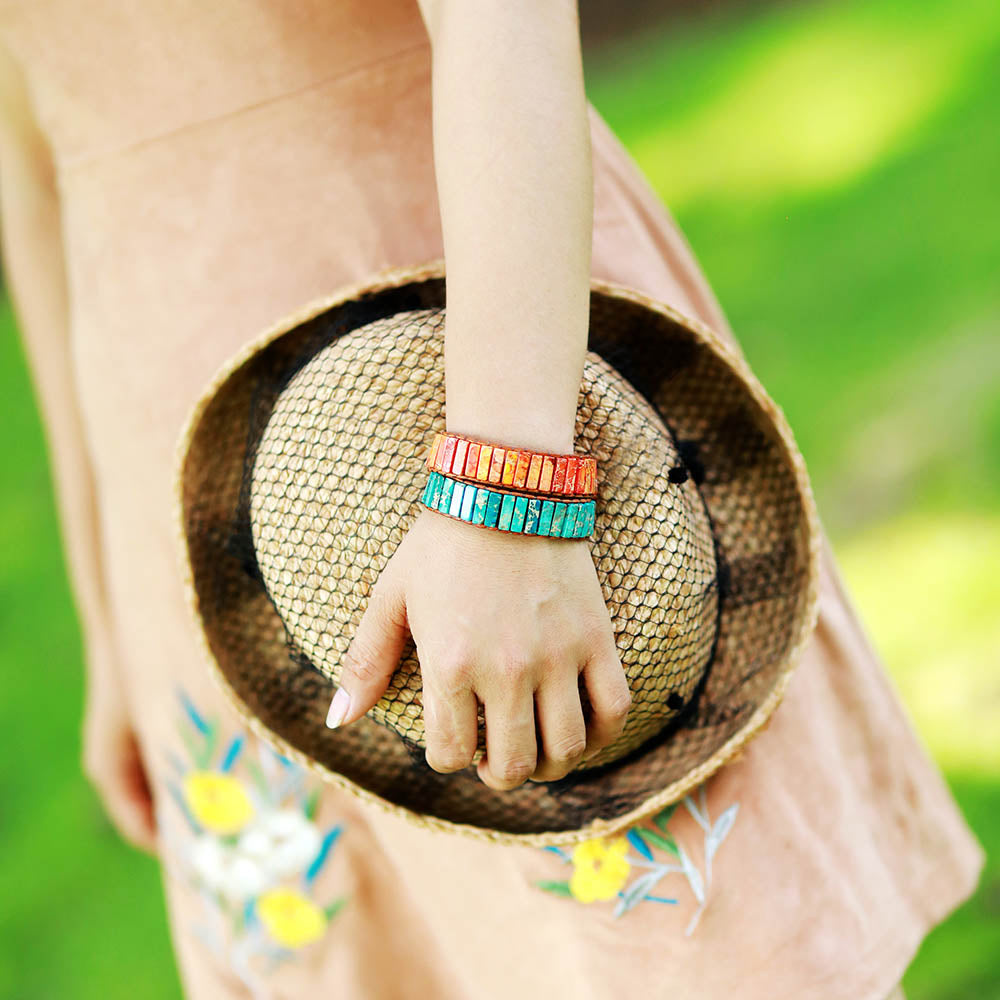 Bohemian Natural Stone Beaded Leather Bracelet