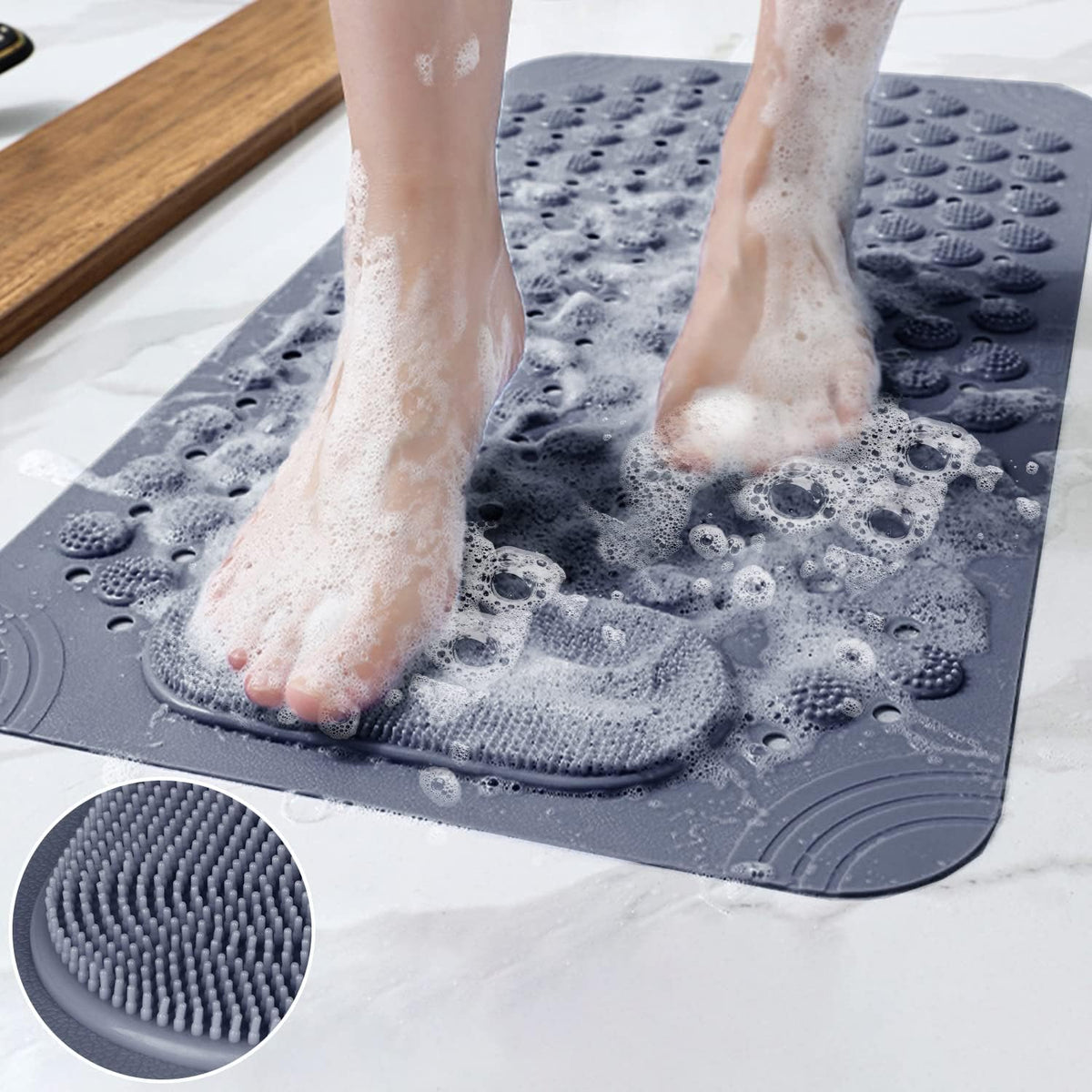 Non-Slip Bath Mat with Foot Scrubber and Drainage