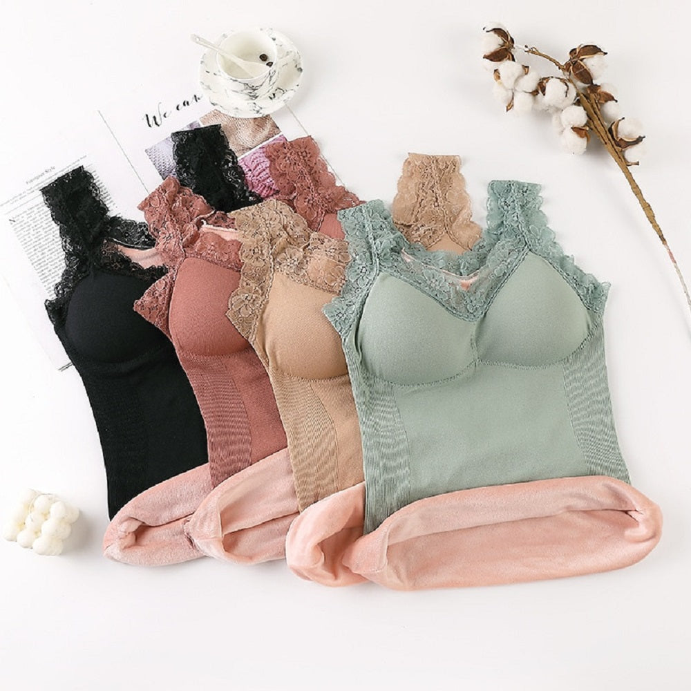 Fleece-Lined Thermal Camisole Tank Top with Built-In Bra