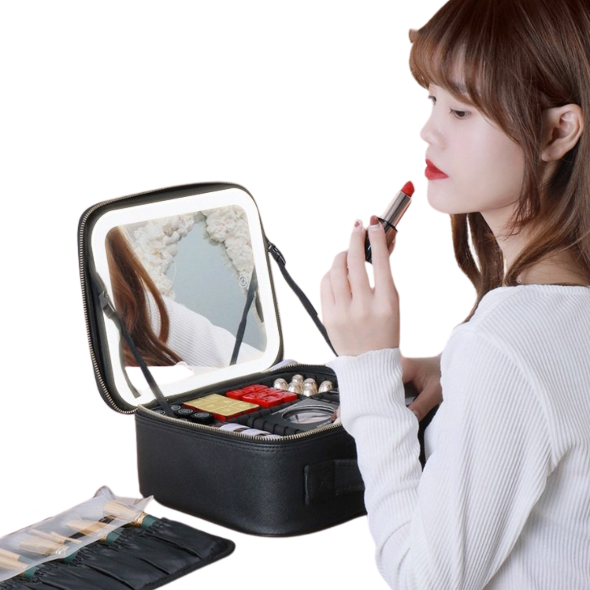 Travel Makeup Bag with Detachable LED Light-Up Mirror