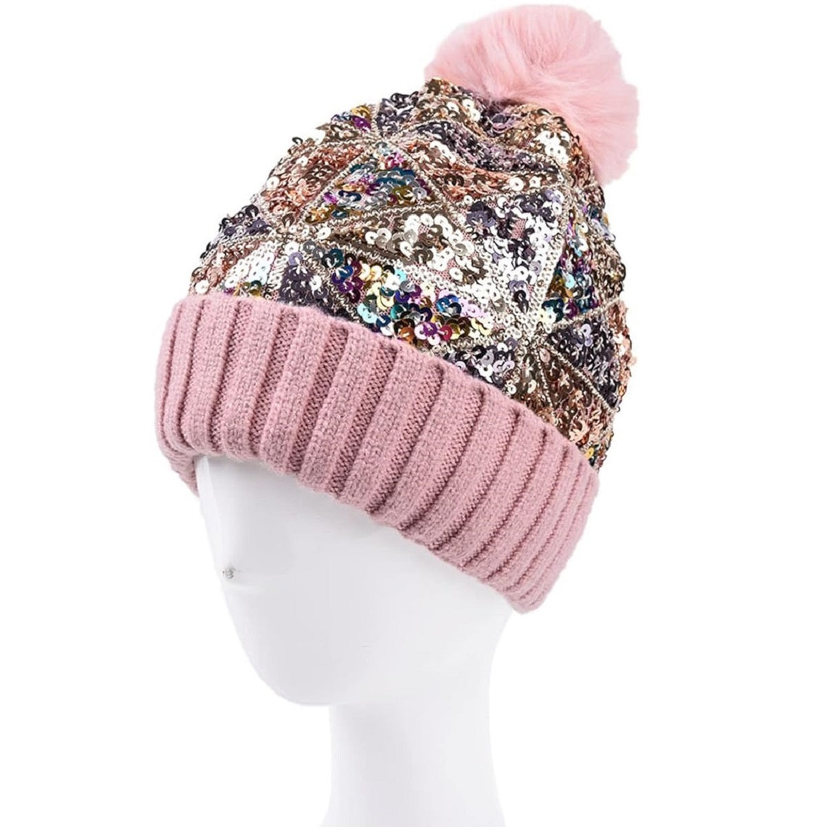 Women's Sequin Knitted Beanie Hat Shiny Bling Skull Cap