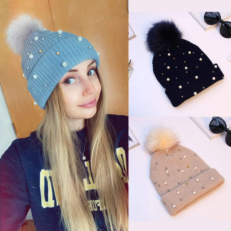 Women's Winter Beanie Hat with Pearls Beanies Cap