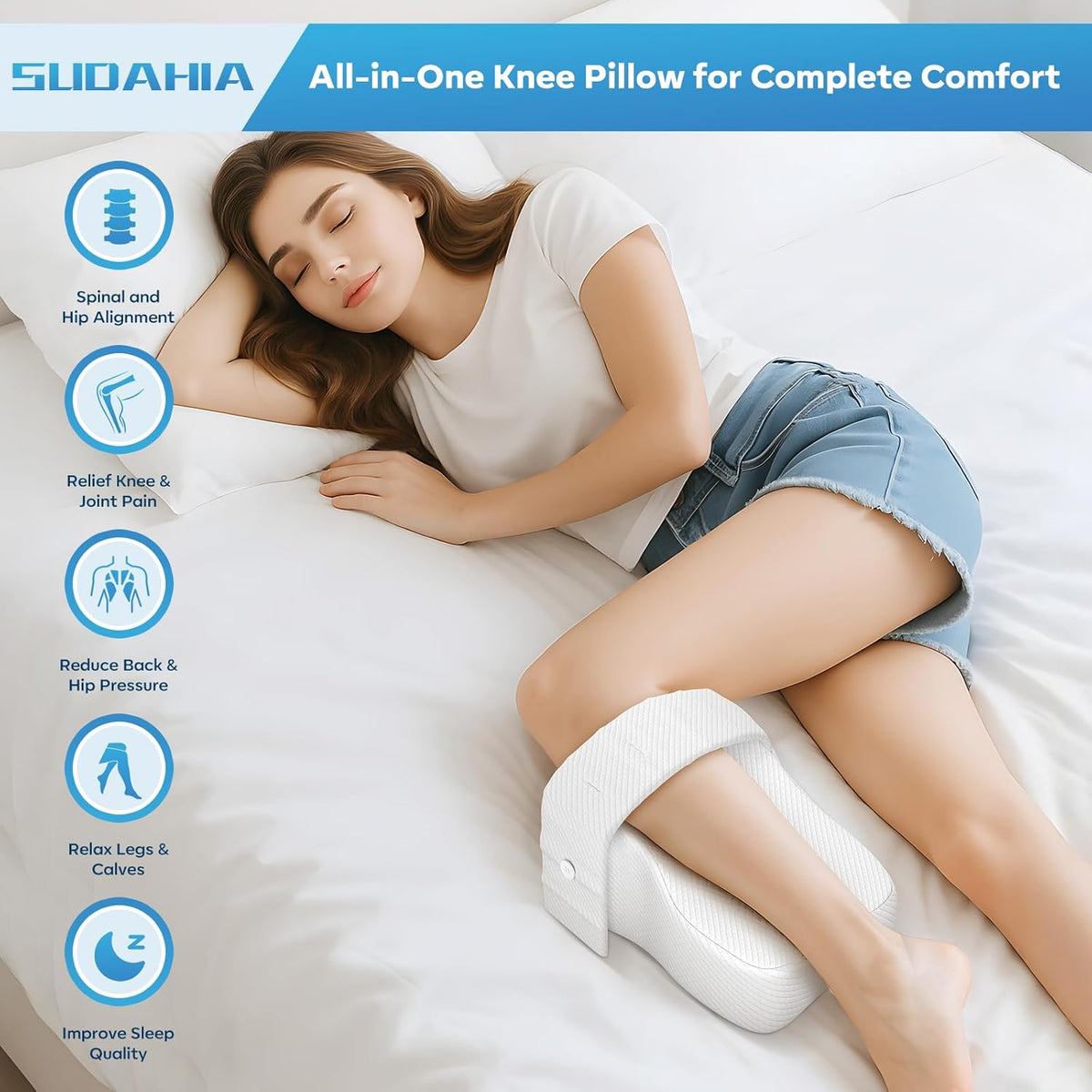 Memory Foam Knee Pillow with Adjustable Strap for Side Sleepers