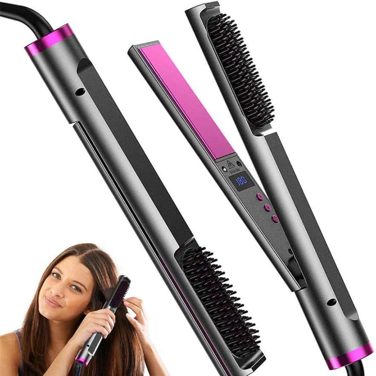 2 in 1 Ceramic Flat Iron Hair Straightener And Hot Brush