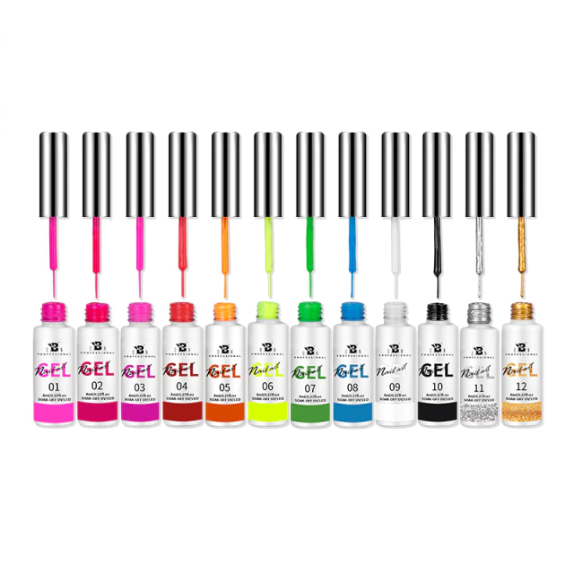 12-Color Nail Art Gel Polish Kit with Liner Brush
