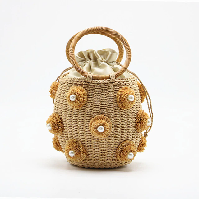 Rhinestone Straw Bucket Bag with Wooden Handles Mini Clutch
