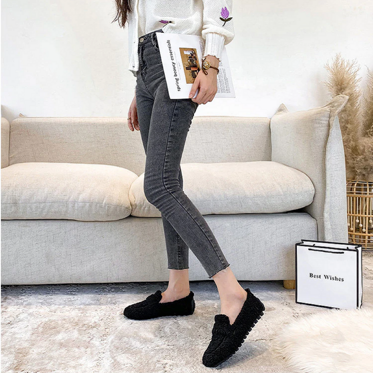 Women's Plush Warm Loafers with Chain Detail Winter Shoes