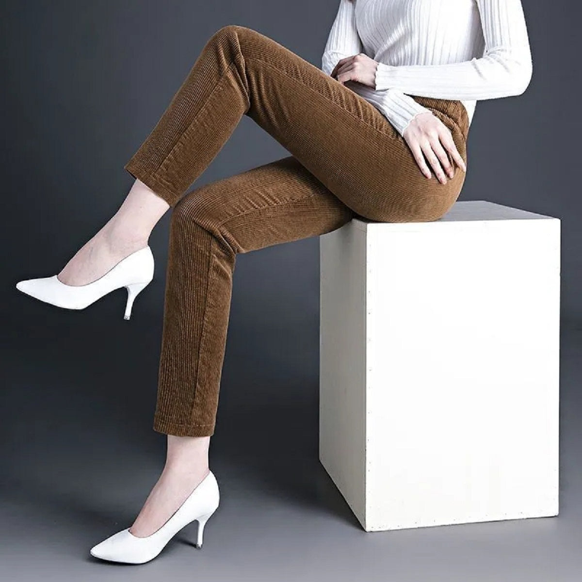 Women's Corduroy Warm Plush Thick High Waist Pants Trousers