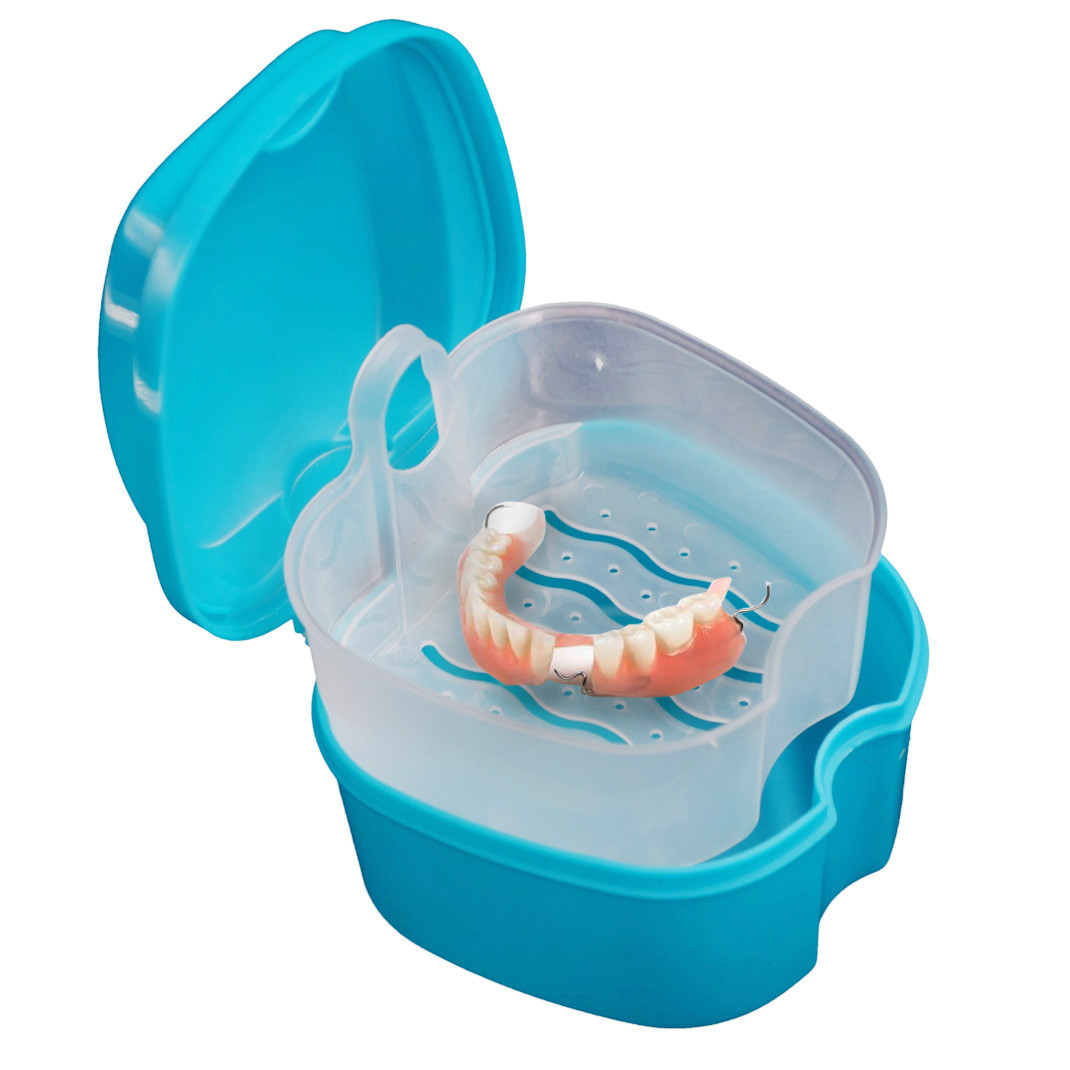 Denture Bath Box Storage Case with Cleaning Brushes
