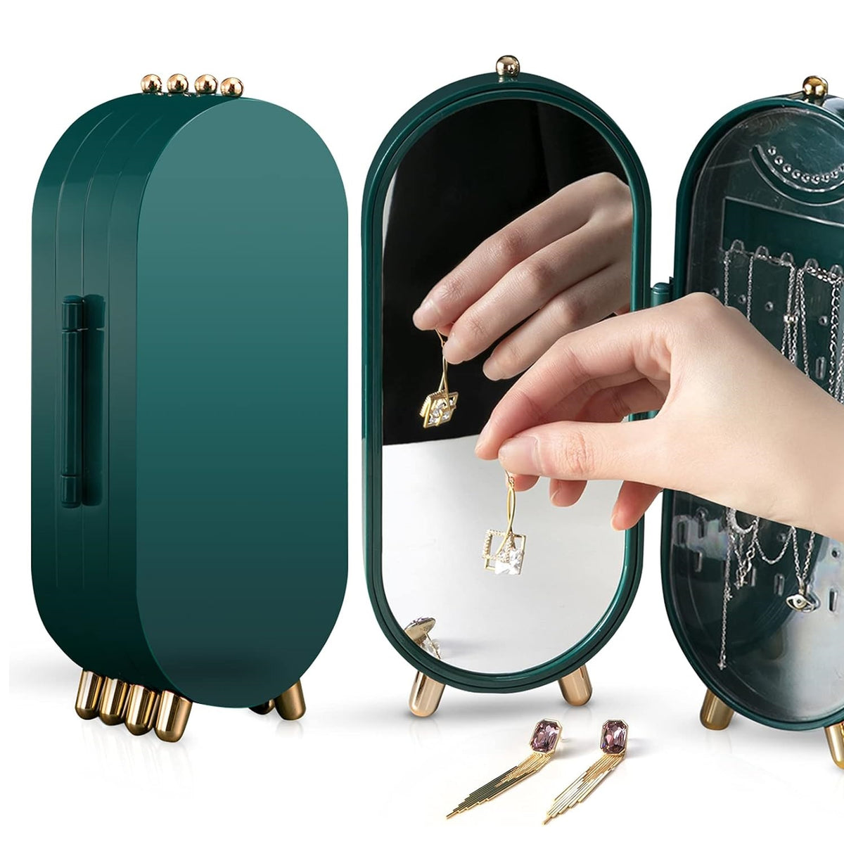 Foldable Jewelry Box Organizer with Built-In Mirror