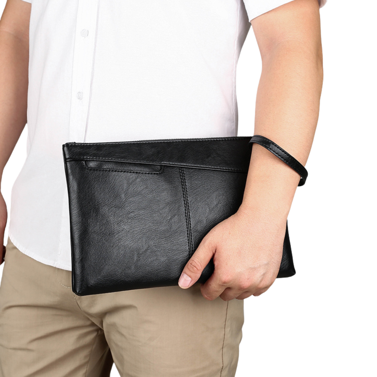 Men's Genuine Leather Clutch Bag with Wrist Strap