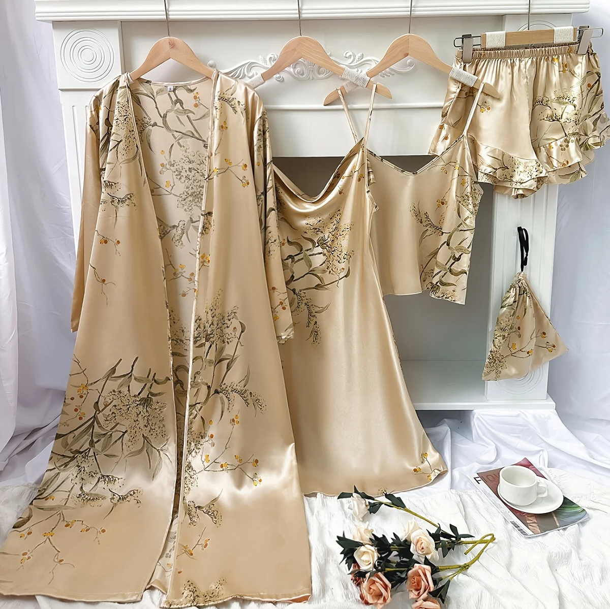Women's 5-Piece Floral Satin Pyjama Set