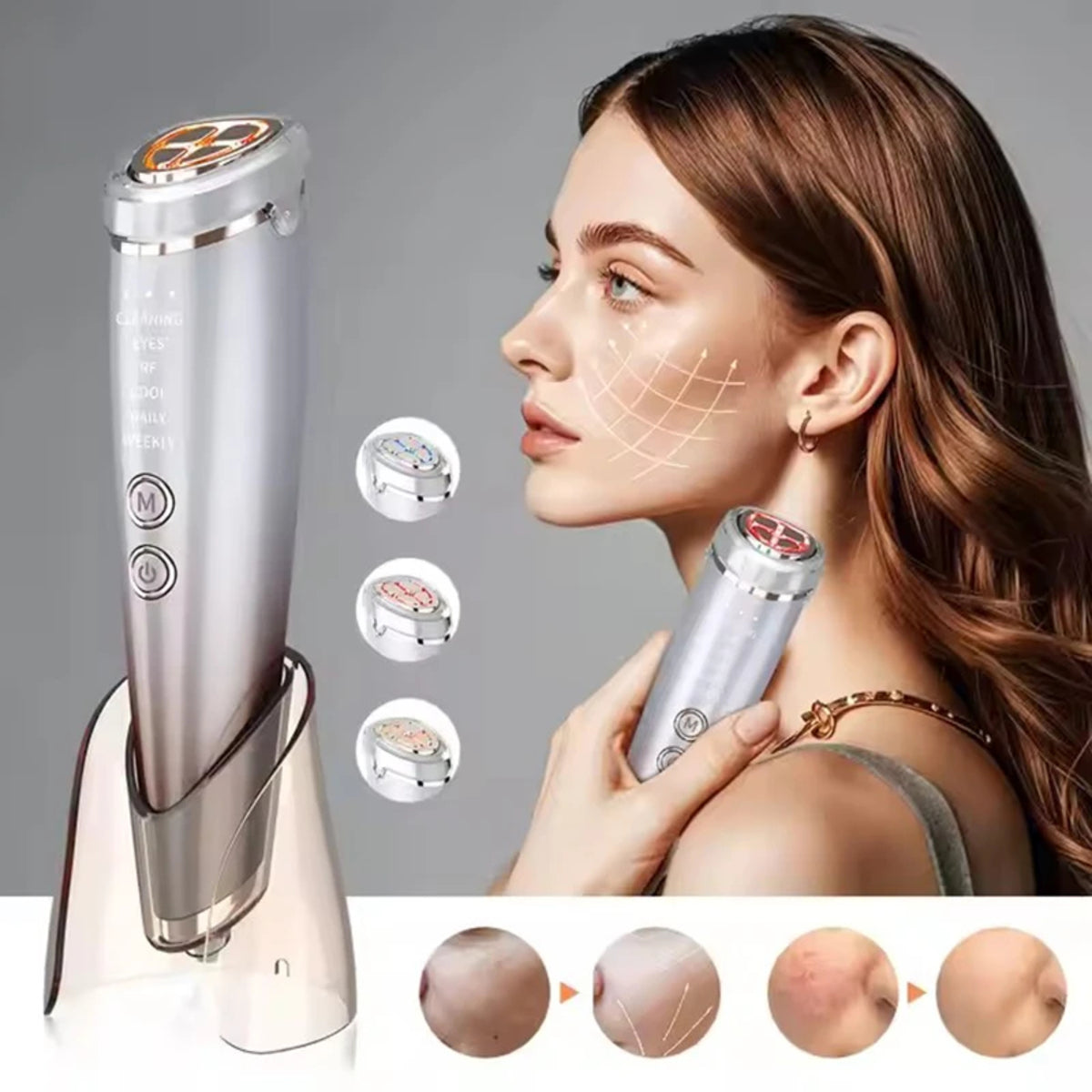 Handheld Facial Massage Device with Warmth and LED Light