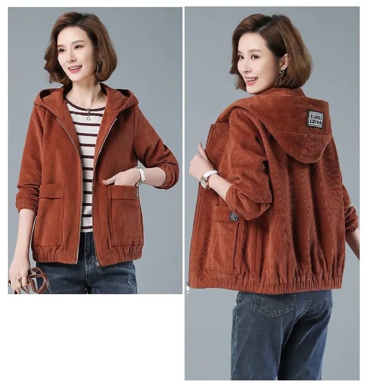 Women's Spring Fall Corduroy Casual Hooded Jacket