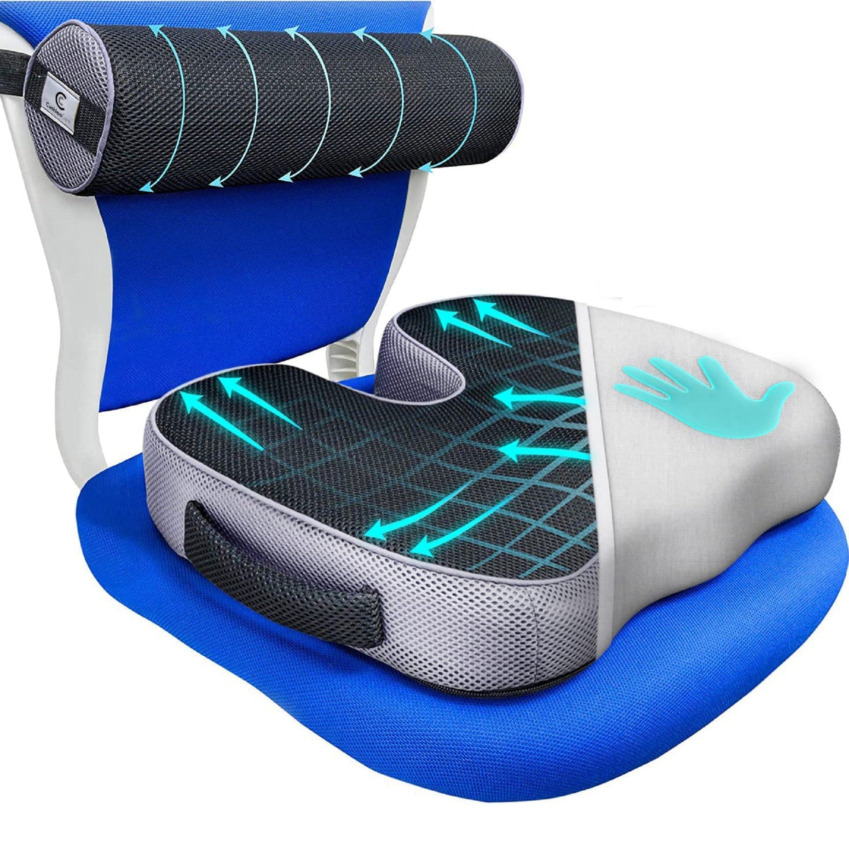 Memory Foam Seat Cushion and Lumbar Roll Set for Chairs