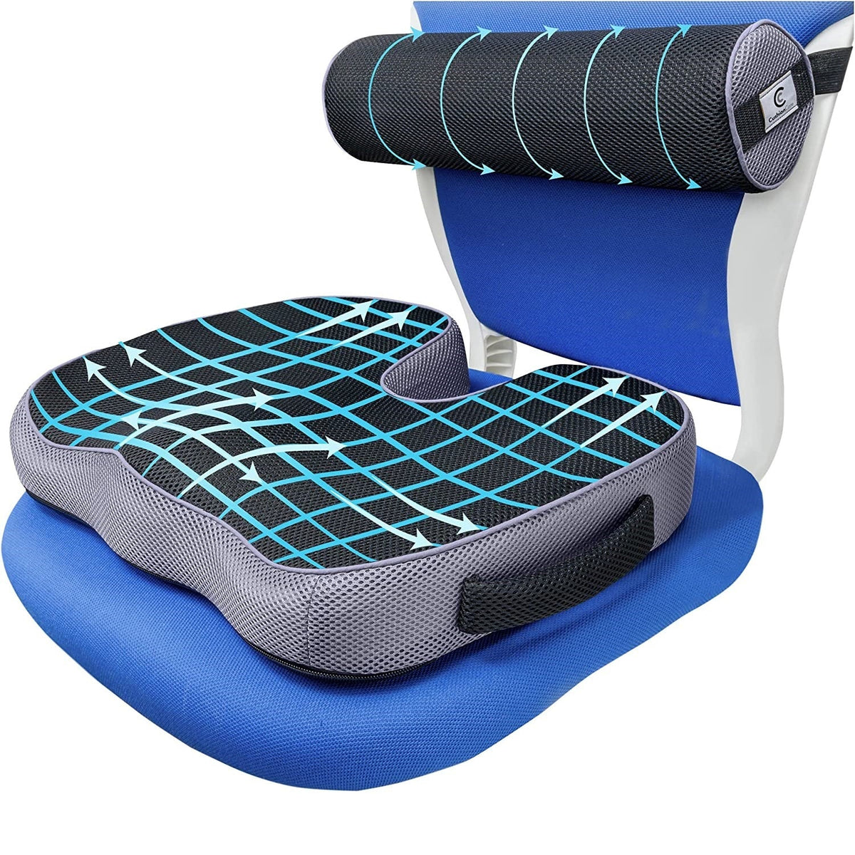 Memory Foam Seat Cushion and Lumbar Roll Set for Chairs