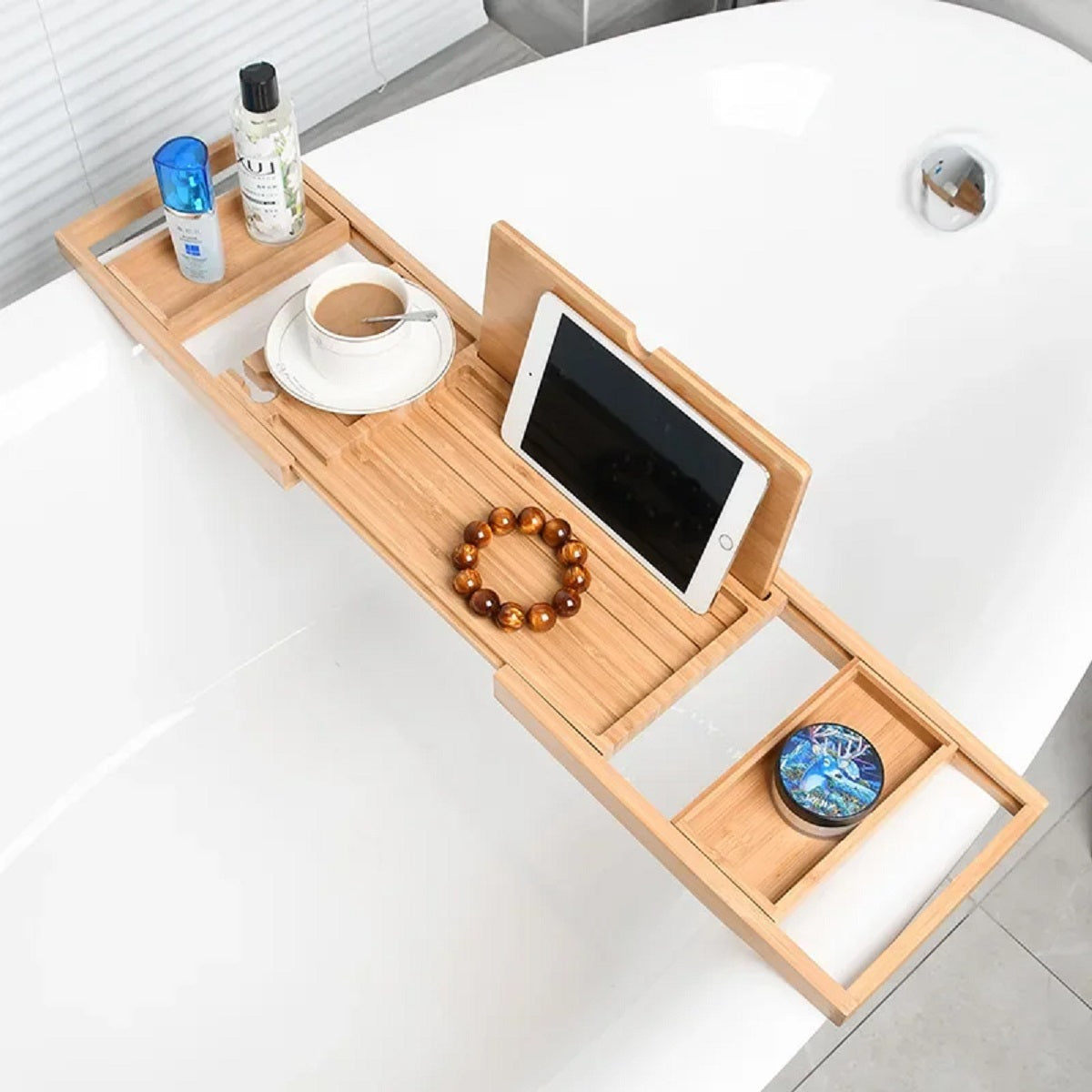 Bamboo Bathtub Caddy Tray with Book and Wine Holder