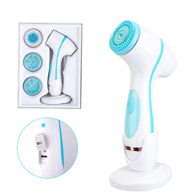 Electric Facial Cleansing Brush with 3 Silicone Heads