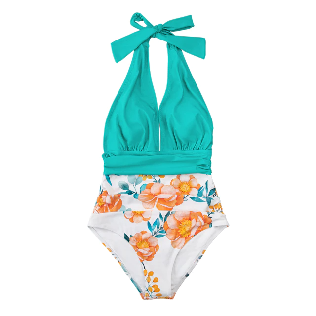 Navy Floral Halter Monokini Backless V-Neck Swimsuit