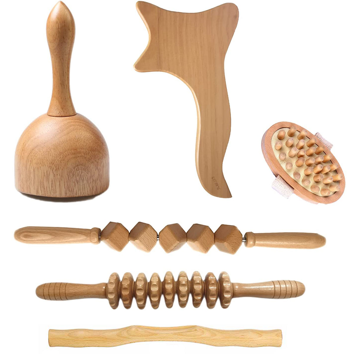 6-Piece Wooden Body Massage Tool Set with Roller and Gua Sha