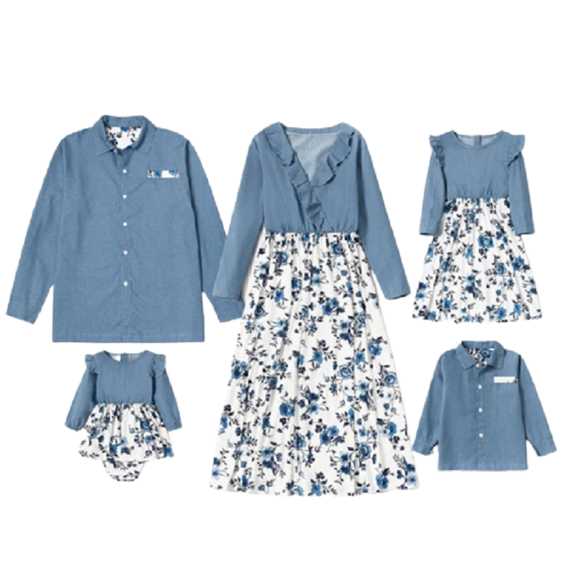 Summer & spring mosaic cotton family matching floral printed dresses sets
